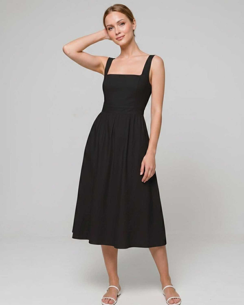 Aveline Midi Dress by Lauven — lightweight sleeveless square neck fit and flare midi dress