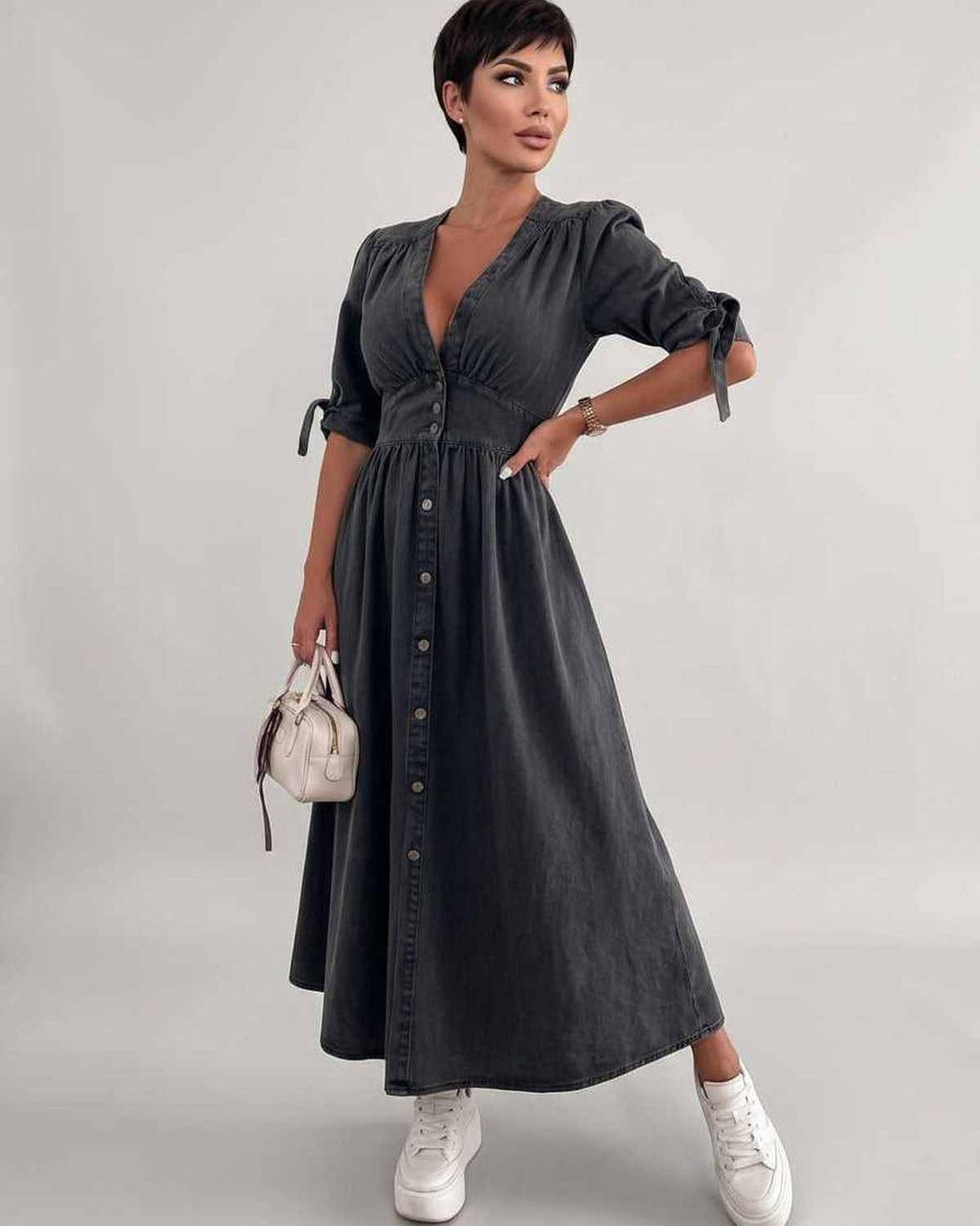 Eloria Midi Dress by Lauven — lightweight mid sleeve V-neck button front fit and flare midi dress