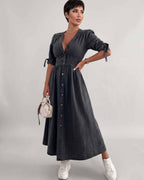 Eloria Midi Dress by Lauven — lightweight mid sleeve V-neck button front fit and flare midi dress