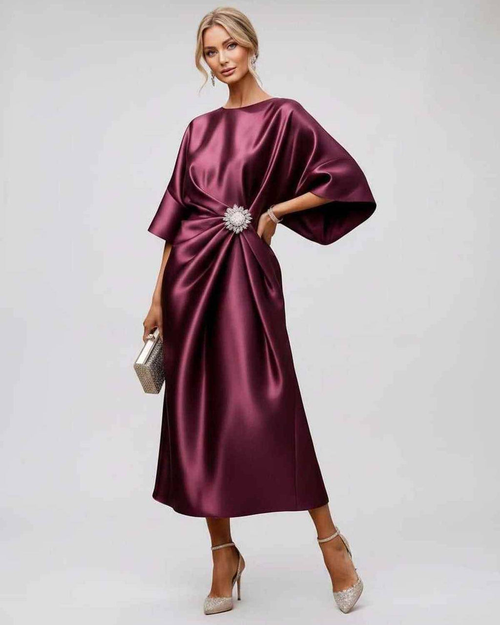 Seralyn Midi Dress by Lauven — satin kimono sleeve boat neck draped midi dress