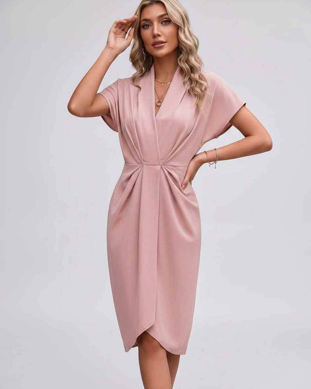 Veloura Midi Dress by Lauven — satin cap sleeve V-neck draped midi dress