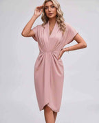 Veloura Midi Dress by Lauven — satin cap sleeve V-neck draped midi dress