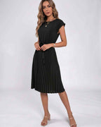 Lunessa Midi Dress by Lauven — pleated chiffon cap sleeve round neck midi dress