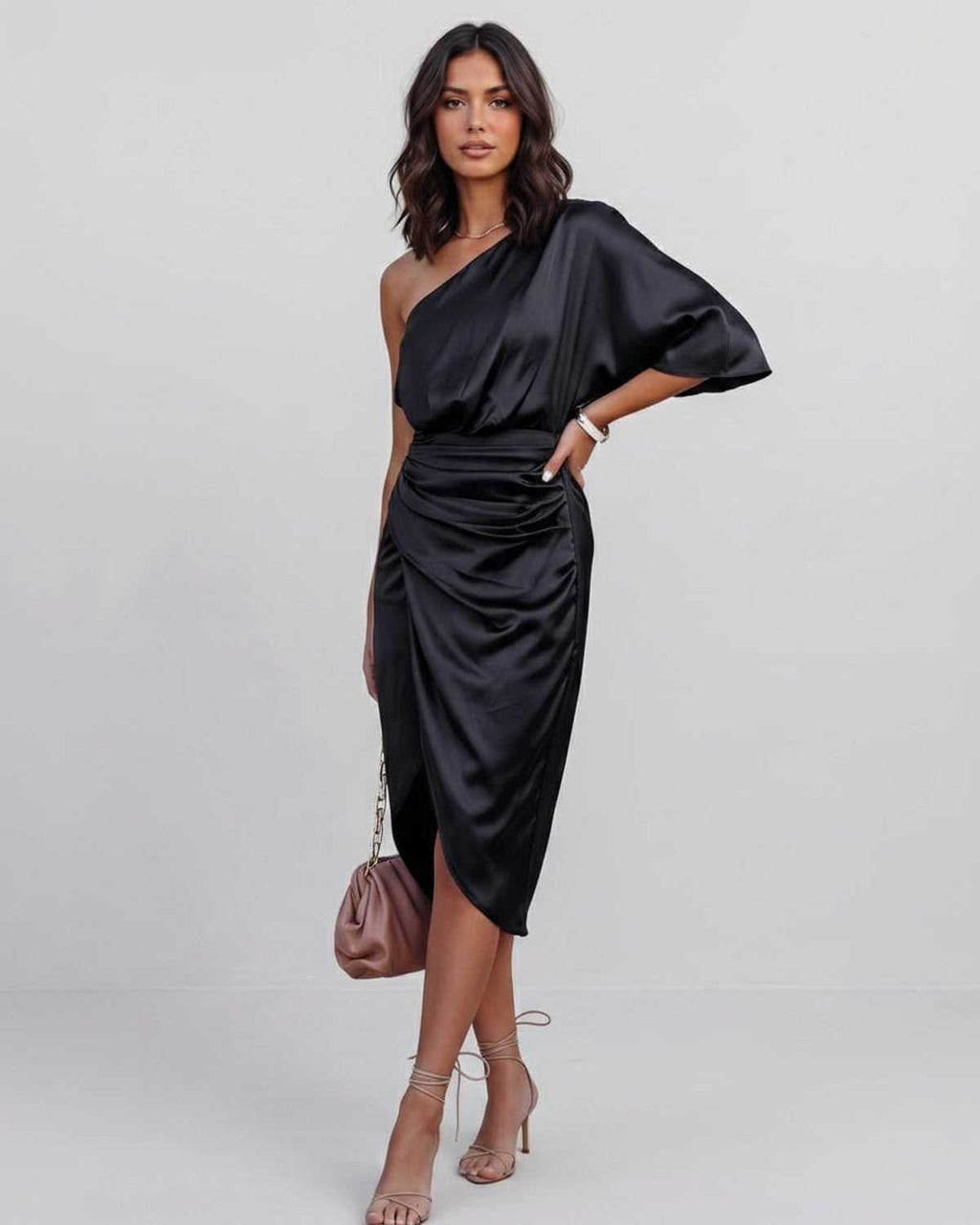 Veloura Midi Dress by Lauven — satin one shoulder draped midi dress with slit
