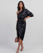 Veloura Midi Dress by Lauven — satin one shoulder draped midi dress with slit