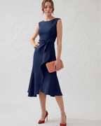 Serelune Midi Dress by Lauven — sleeveless satin midi dress with ruffle detail and fit flare silhouette