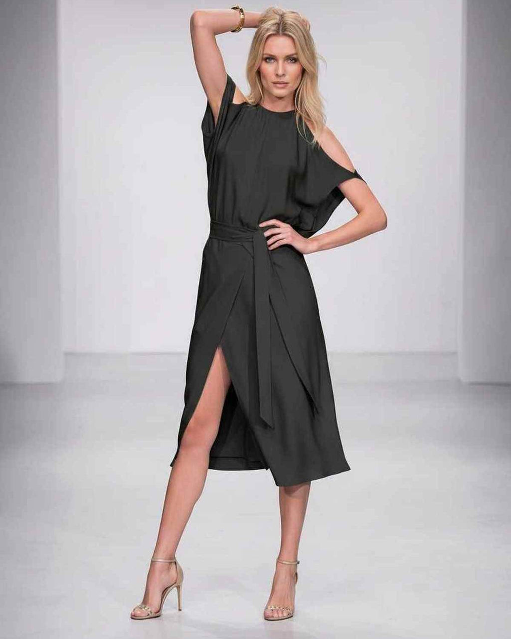 Seralyn Midi Dress by Lauven — halter sleeveless wrap midi dress with tie waist and front slit