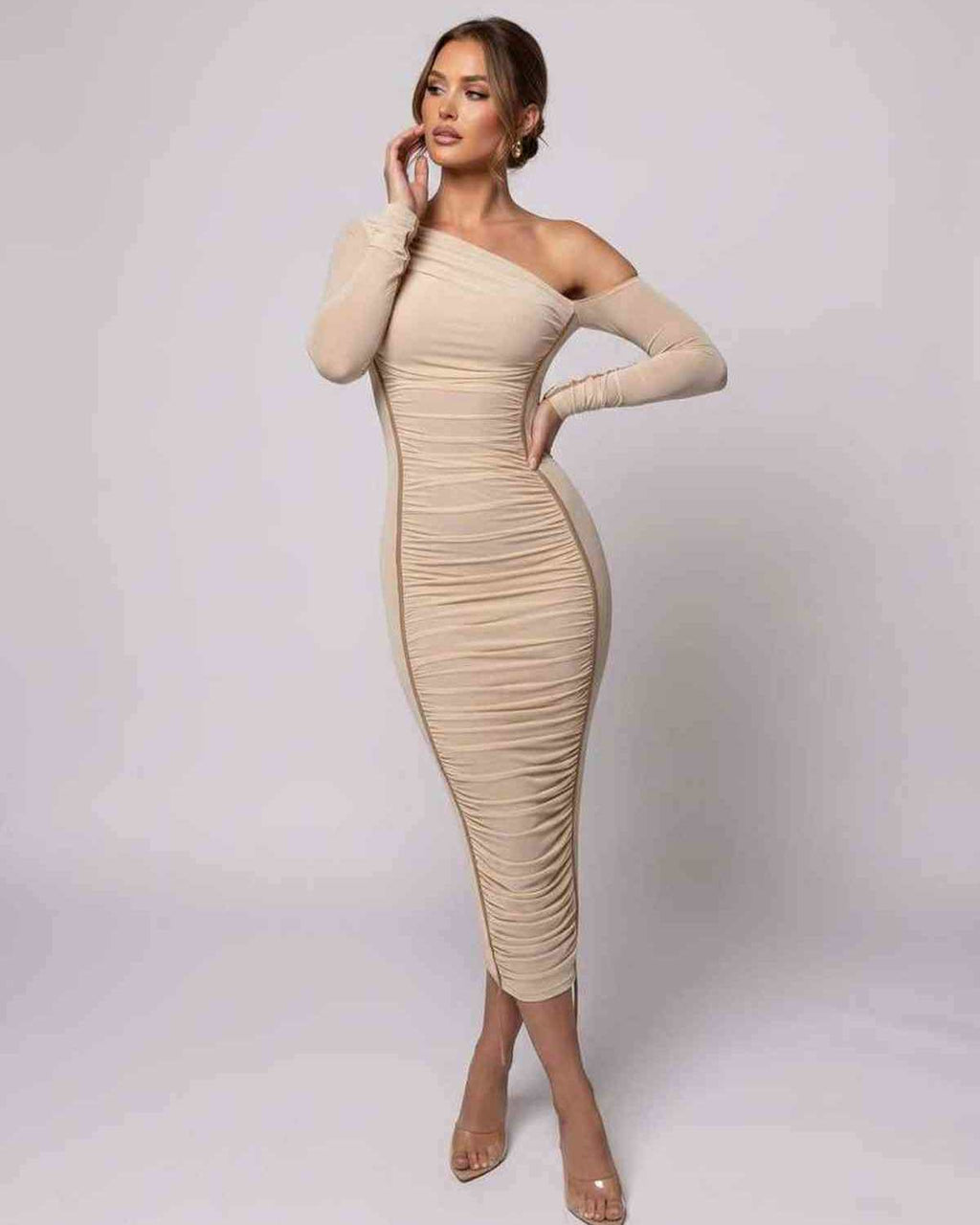 Veloura Midi Dress by Lauven — one shoulder long sleeve ruched bodycon midi dress
