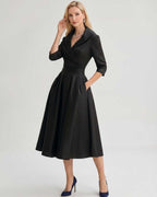 Serelune Midi Dress by Lauven — satin blend 3/4 sleeve V-neck A-line midi dress