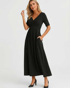 Velmira Midi Dress by Lauven — soft stretch short sleeve V-neck A-line midi dress