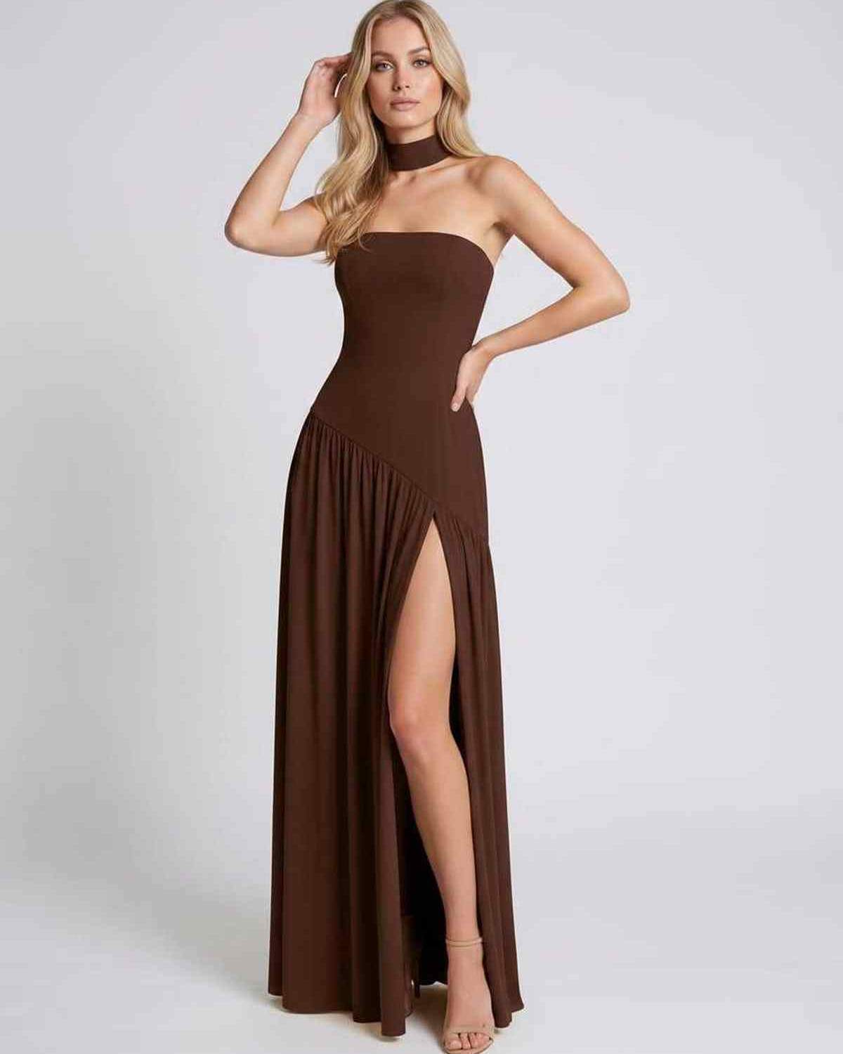Solenne Maxi Dress by Lauven — stretch knit sleeveless strapless asymmetric maxi dress