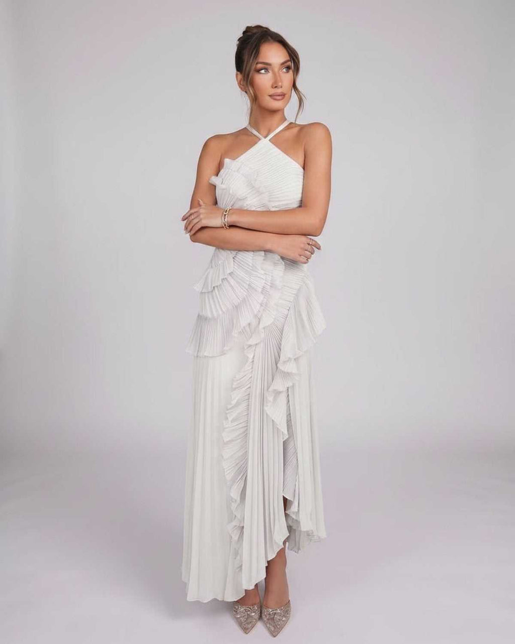 Valerise Maxi Dress by Lauven — chiffon sleeveless halter asymmetrical maxi dress