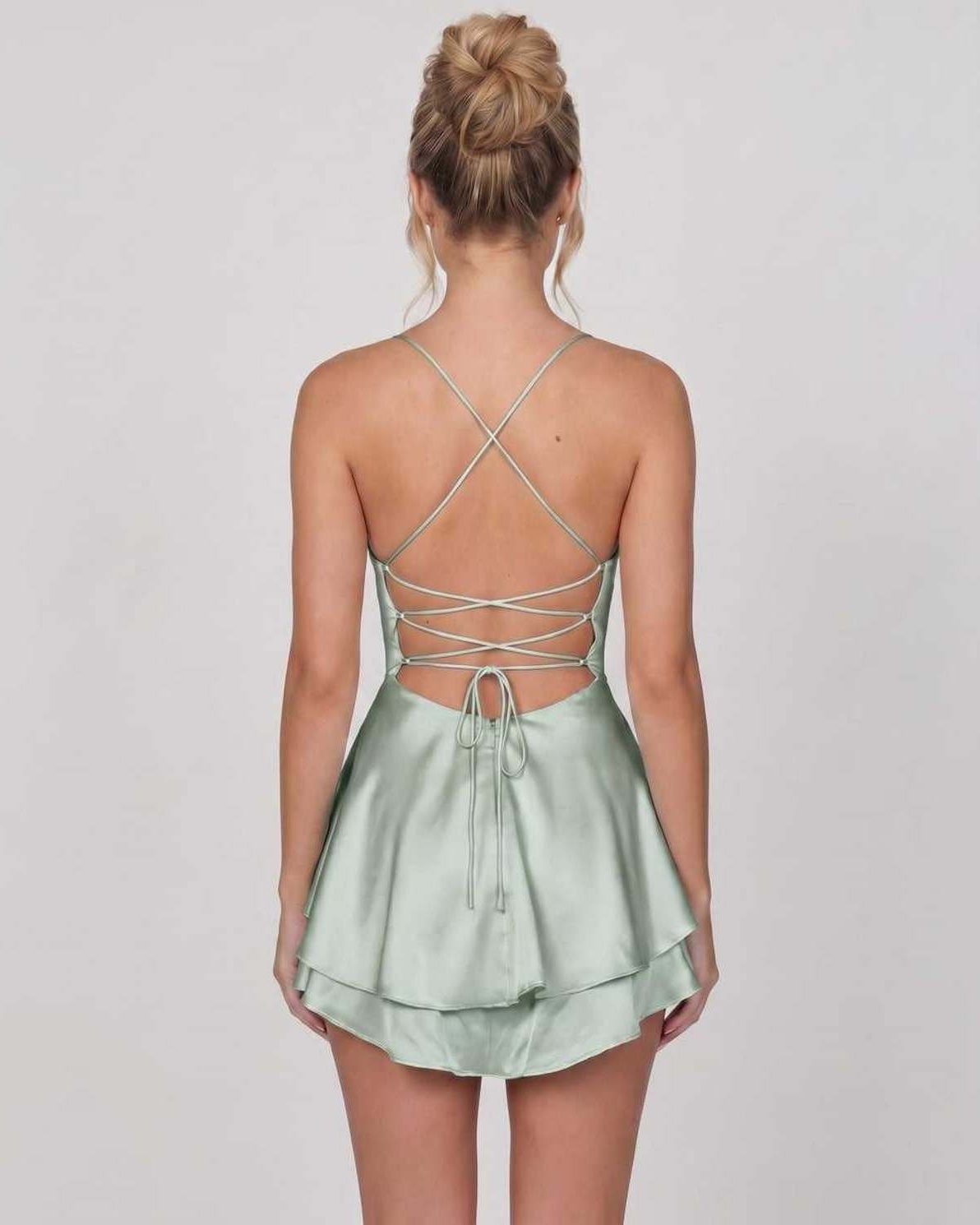 Satin Mini Dress by Lauven — satin sleeveless cowl neck slip mini dress