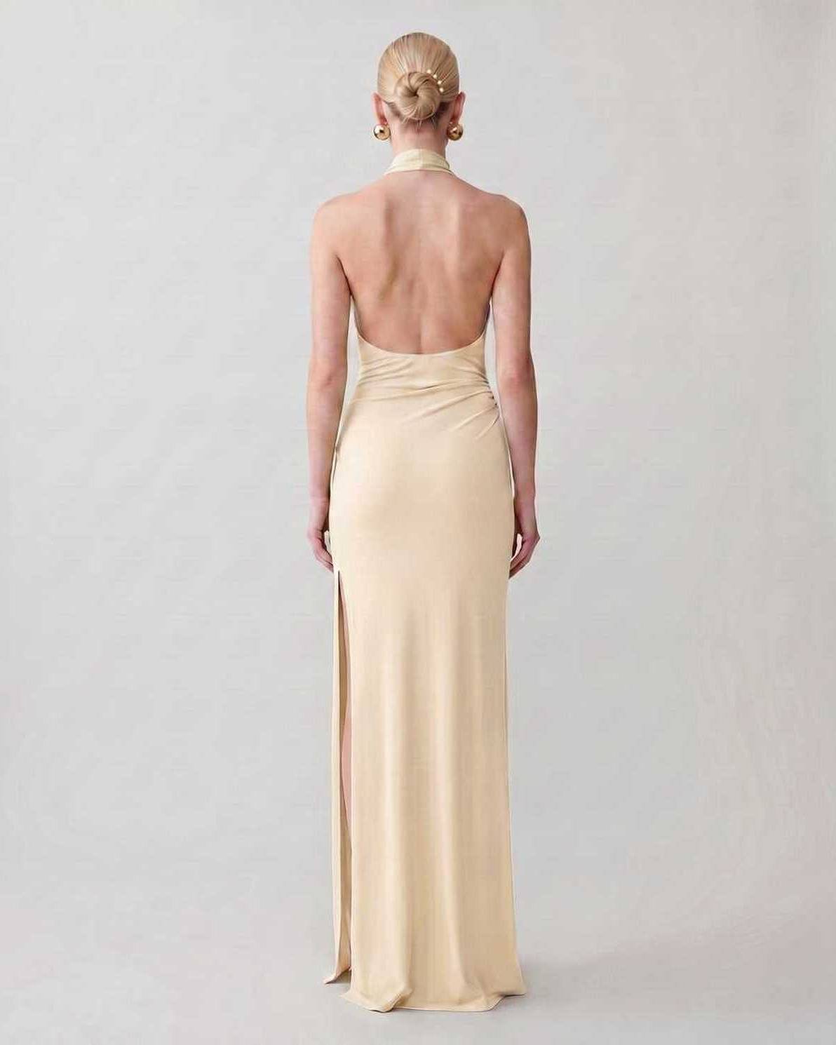 Serelle Maxi Dress by Lauven — polyester sleeveless halter neck fitted column maxi dress