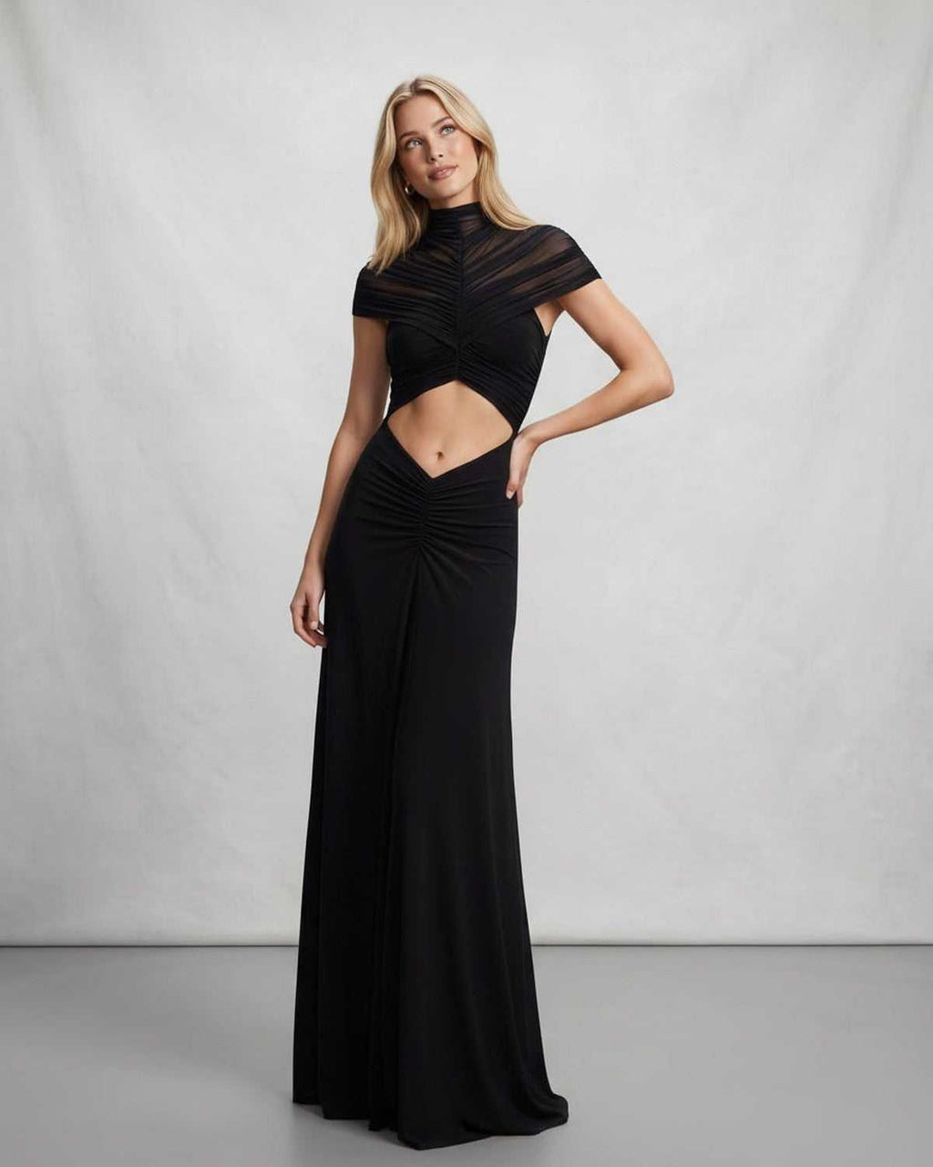 Veloura Maxi Dress by Lauven — polyester short sleeve stand collar flared hem maxi dress