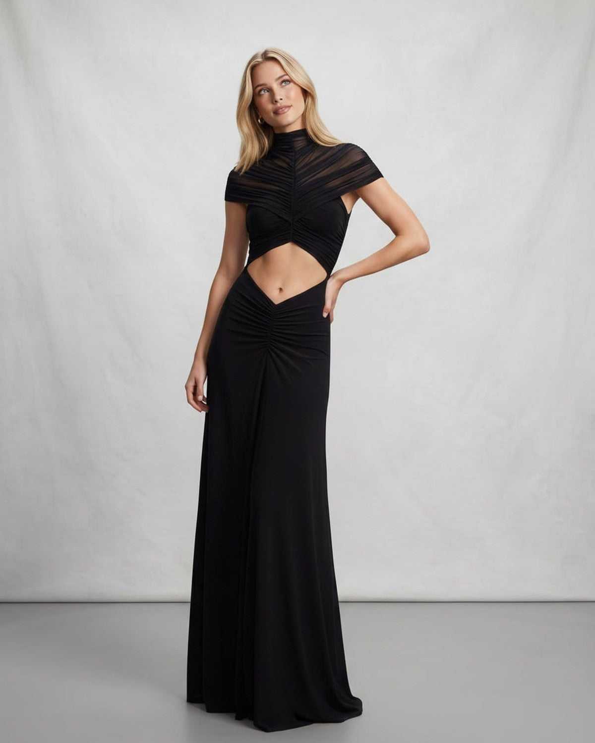 Veloura Maxi Dress by Lauven — polyester short sleeve stand collar flared hem maxi dress