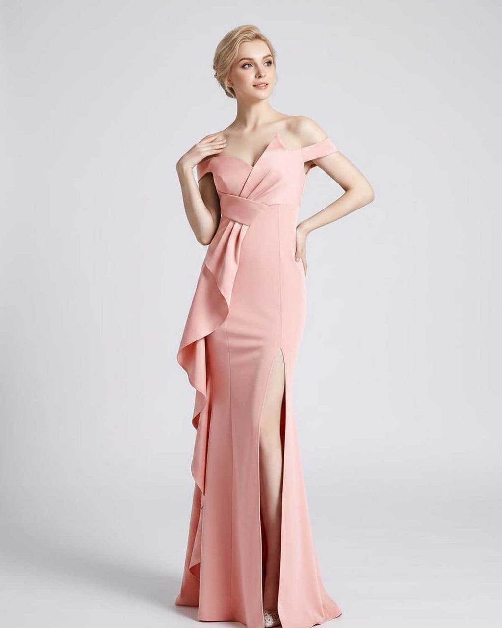 Veloura Maxi Dress by Lauven — polyester spandex off-the-shoulder mermaid maxi dress with slit