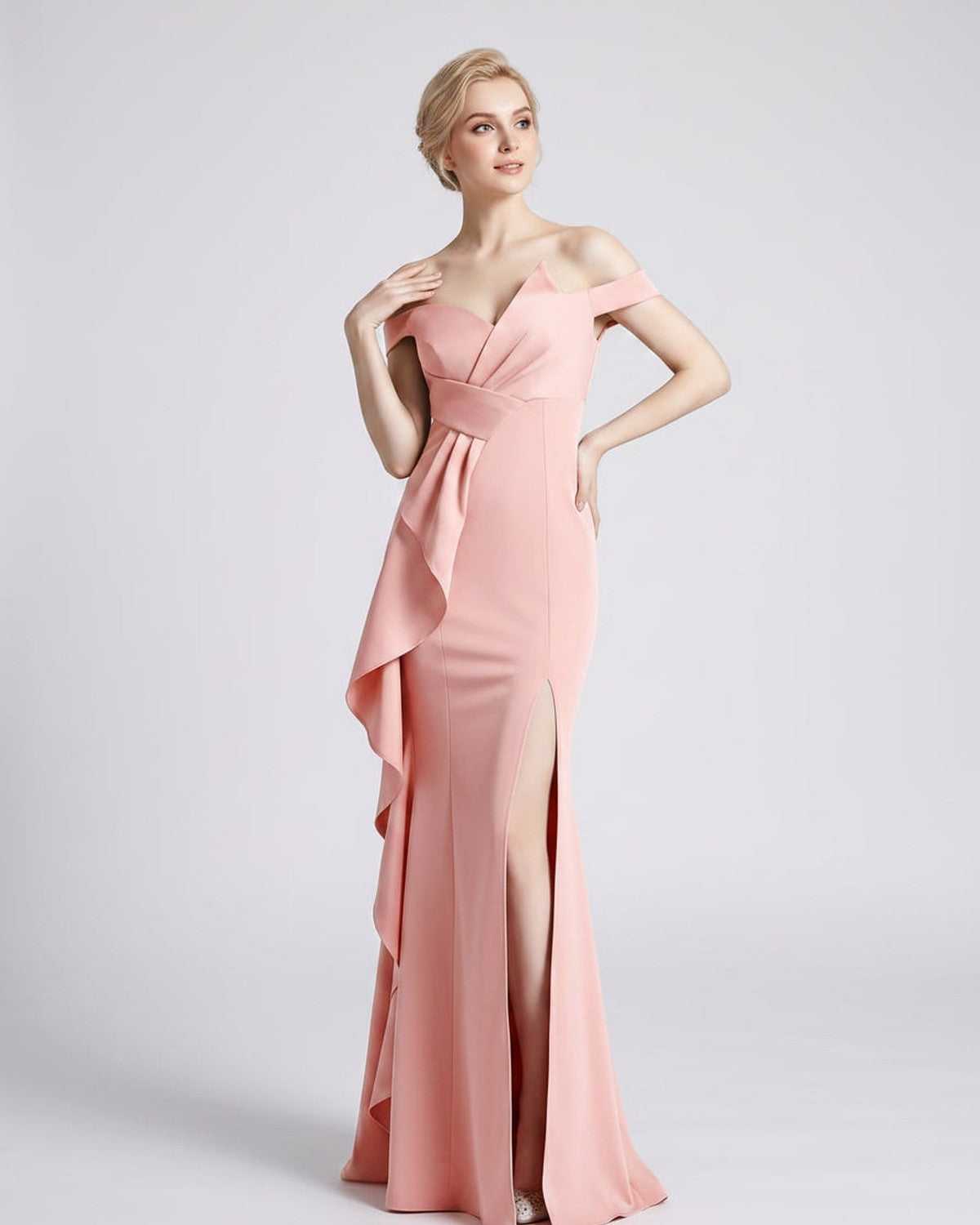 Veloura Maxi Dress by Lauven — polyester spandex off-the-shoulder mermaid maxi dress with slit