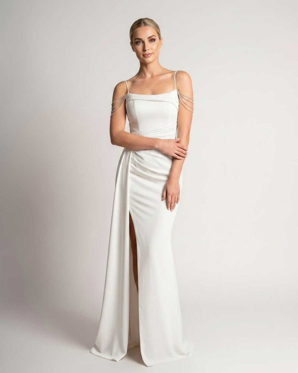 Celestia Maxi Dress by Lauven — polyester spaghetti strap mermaid maxi dress with beading and split