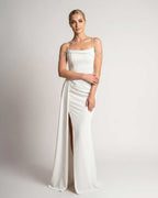 Celestia Maxi Dress by Lauven — polyester spaghetti strap mermaid maxi dress with beading and split