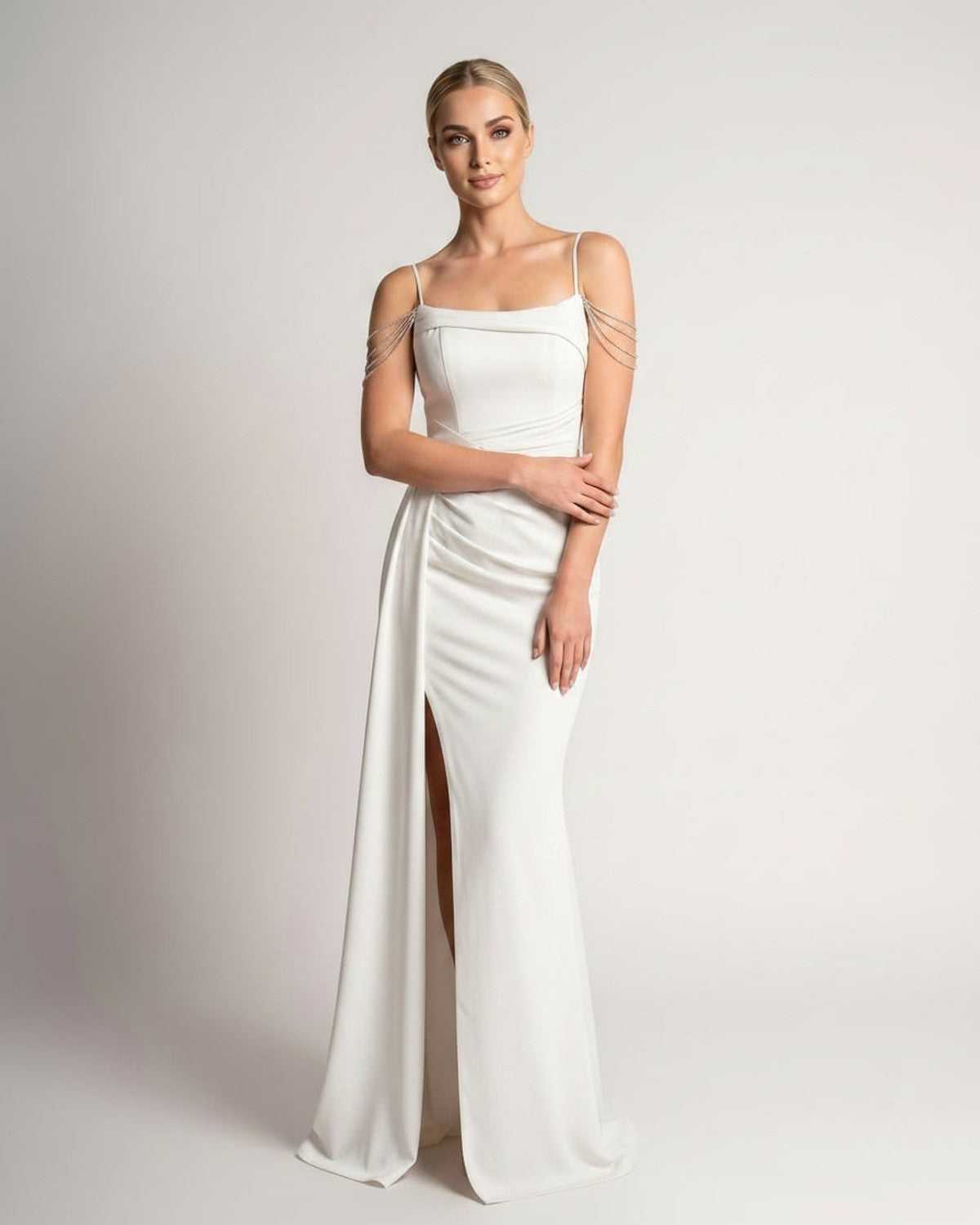 Celestia Maxi Dress by Lauven — polyester spaghetti strap mermaid maxi dress with beading and split