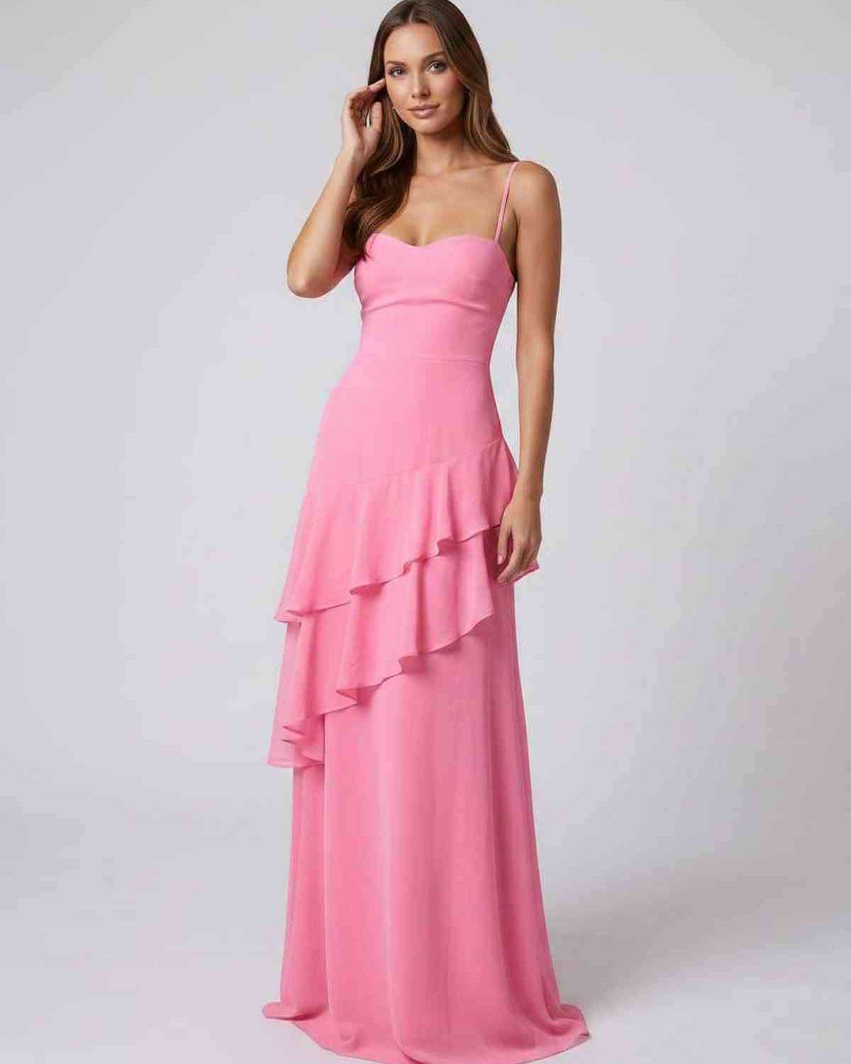 Rosette Maxi Dress by Lauven — polyester V-neck sleeveless bodycon maxi dress with layered ruffles