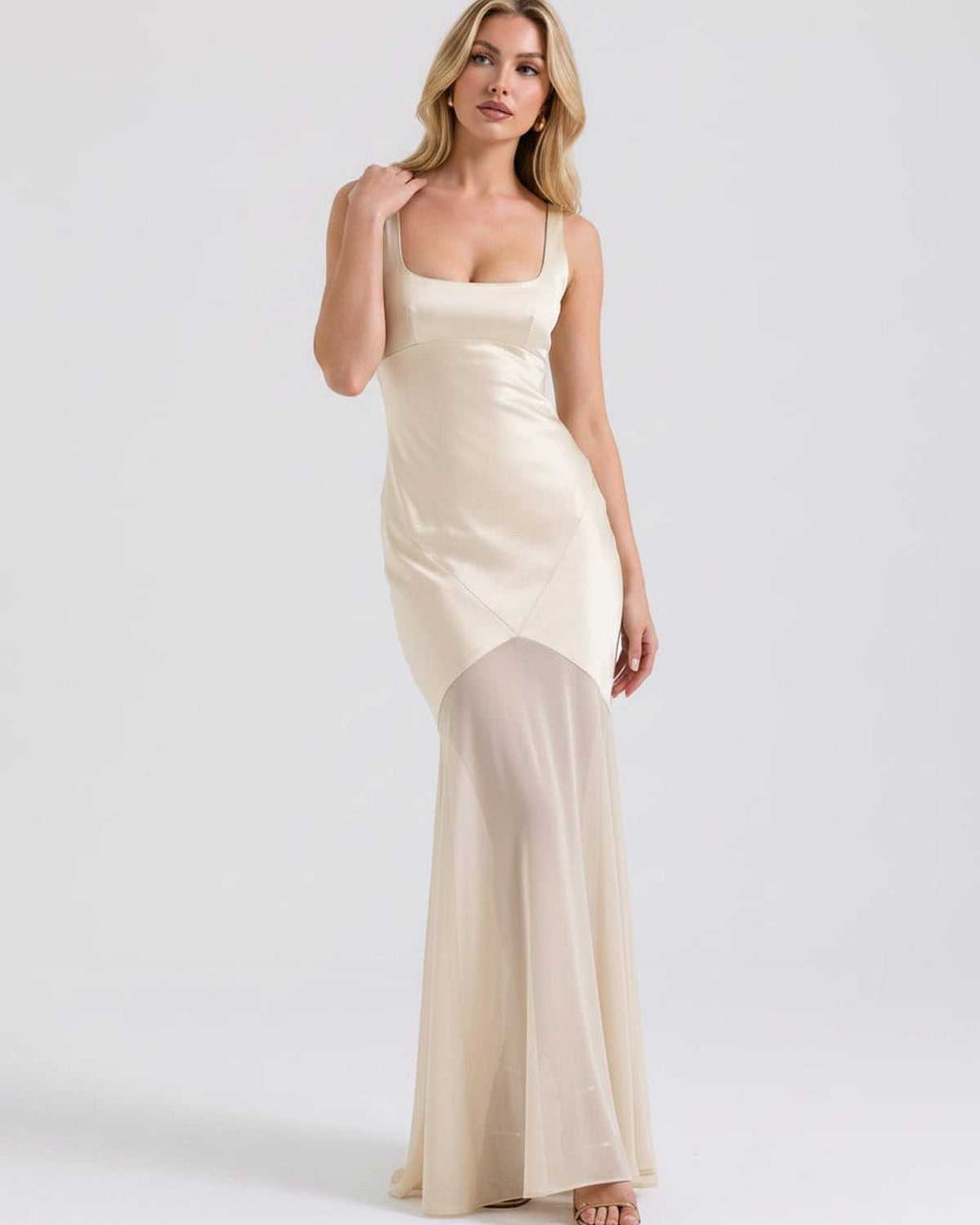 Lunelle Maxi Dress by Lauven — polyester square neck sleeveless slip maxi dress with satin chiffon detail