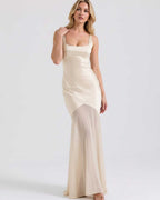 Lunelle Maxi Dress by Lauven — polyester square neck sleeveless slip maxi dress with satin chiffon detail