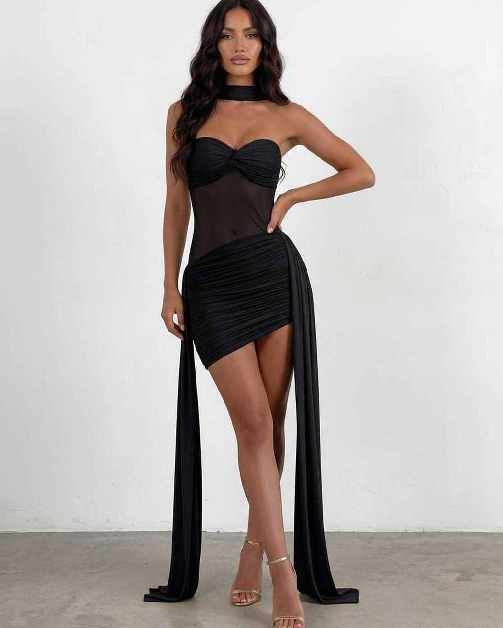 Veloura Mini Dress by Lauven — polyester strapless bodycon mini dress with draped detail