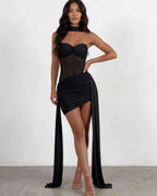 Veloura Mini Dress by Lauven — polyester strapless bodycon mini dress with draped detail