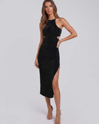 Sable Midi Dress by Lauven — suede-touch polyester blend sleeveless crew neck slim midi dress
