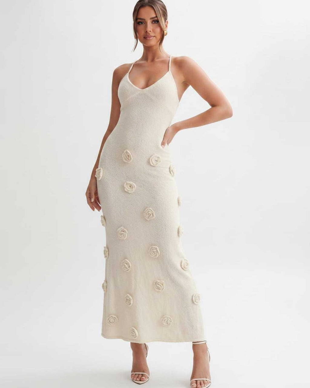 Rosette Maxi Dress by Lauven — textured polyester knit sleeveless V-neck floral maxi dress