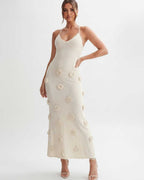 Rosette Maxi Dress by Lauven — textured polyester knit sleeveless V-neck floral maxi dress