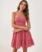 Solara Mini Dress by Lauven — textured sleeveless square neck tiered swing mini dress