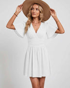 Calista Mini Dress by Lauven — chiffon ruffled short sleeve V-neck A-line mini dress