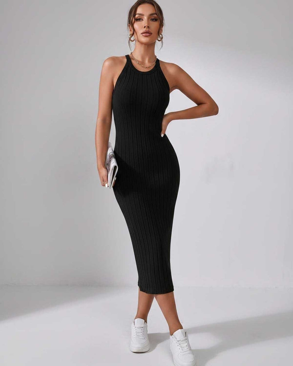 Lunara Midi Dress by Lauven — ribbed knit sleeveless crew neck slim-fit midi dress