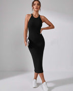 Lunara Midi Dress by Lauven — ribbed knit sleeveless crew neck slim-fit midi dress