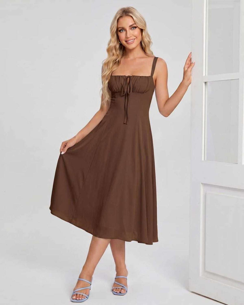 Serelune Midi Dress by Lauven — brown lightweight sleeveless square neck A-line midi dress