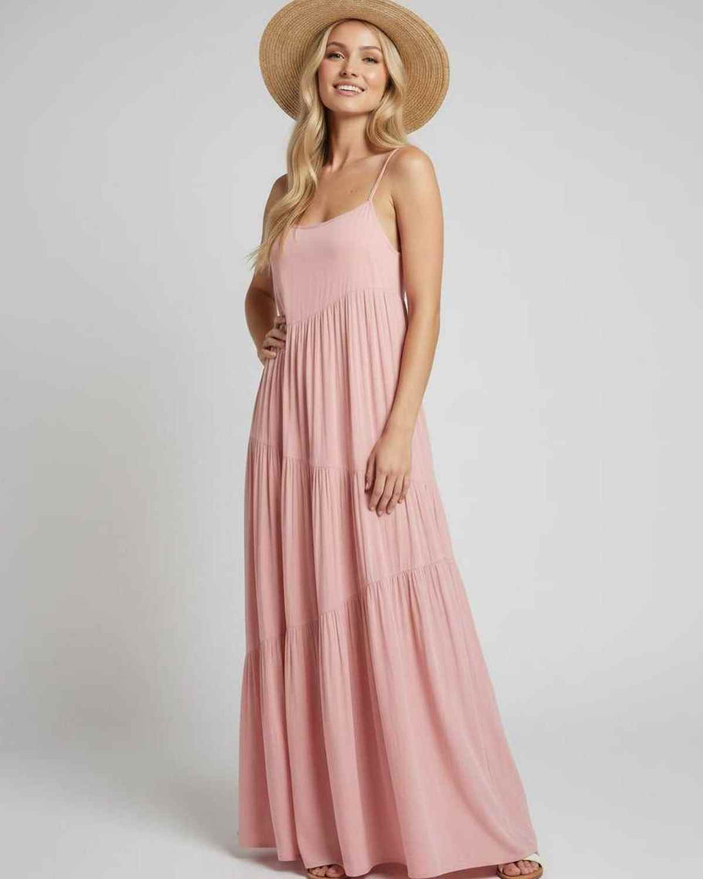 Solenne Maxi Dress by Lauven — rayon blend sleeveless scoop neck tiered A-line maxi dress
