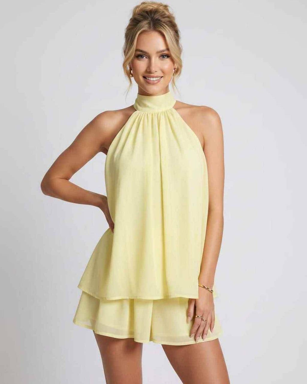 Celestia Mini Dress by Lauven — chiffon sleeveless halter neck mini dress