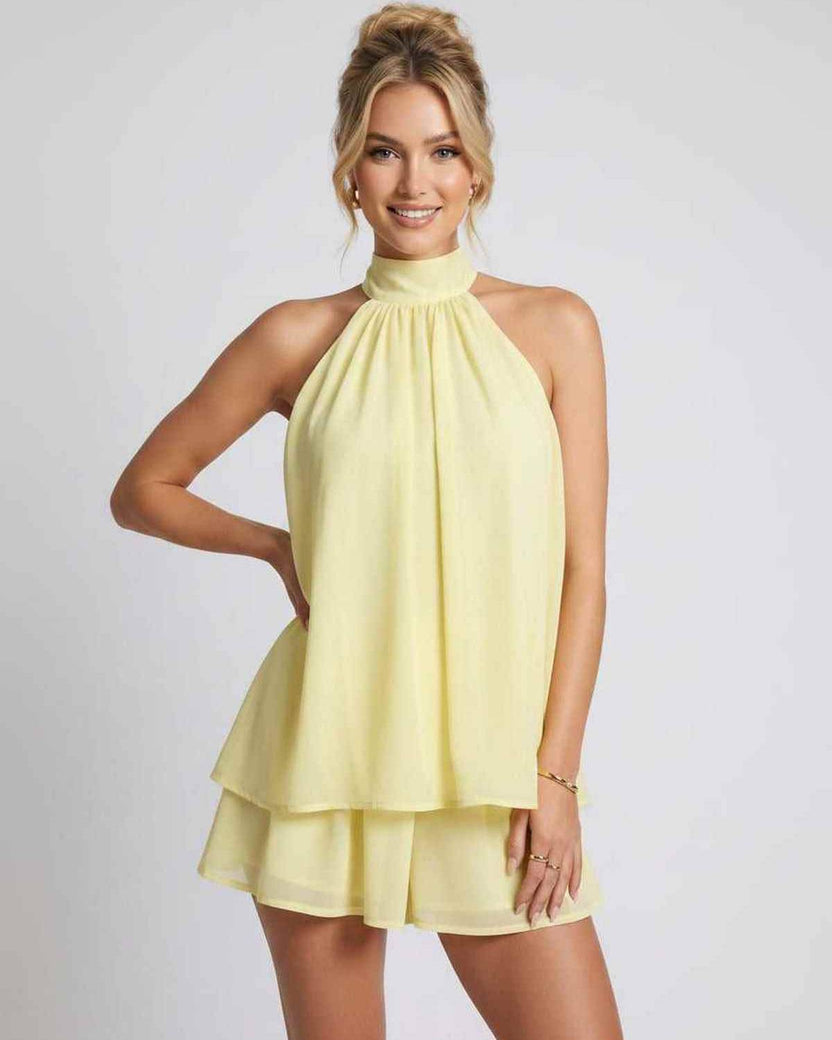 Celestia Mini Dress by Lauven — chiffon sleeveless halter neck mini dress