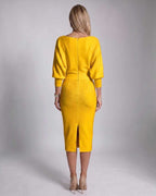 Serene Midi Dress by Lauven — knit batwing sleeve cowl neck fitted midi dress