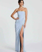Seraphine Maxi Dress by Lauven — chiffon strapless pleated high slit maxi dress