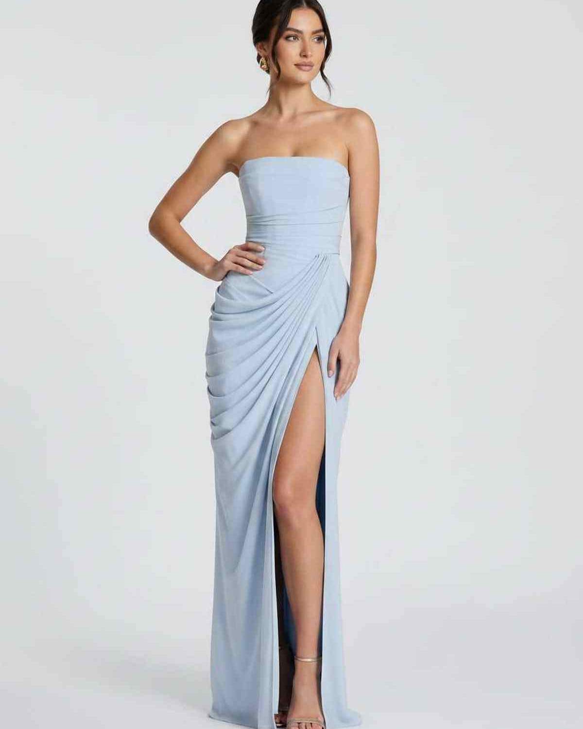 Seraphine Maxi Dress by Lauven — chiffon strapless pleated high slit maxi dress
