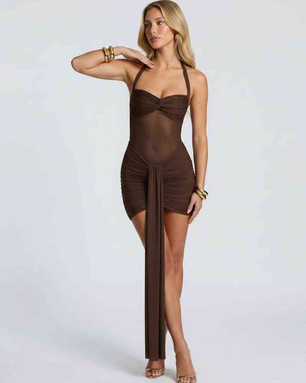 Veloura Mini Dress by Lauven — stretch mesh halter neck ruched bodycon mini dress