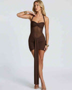 Veloura Mini Dress by Lauven — stretch mesh halter neck ruched bodycon mini dress
