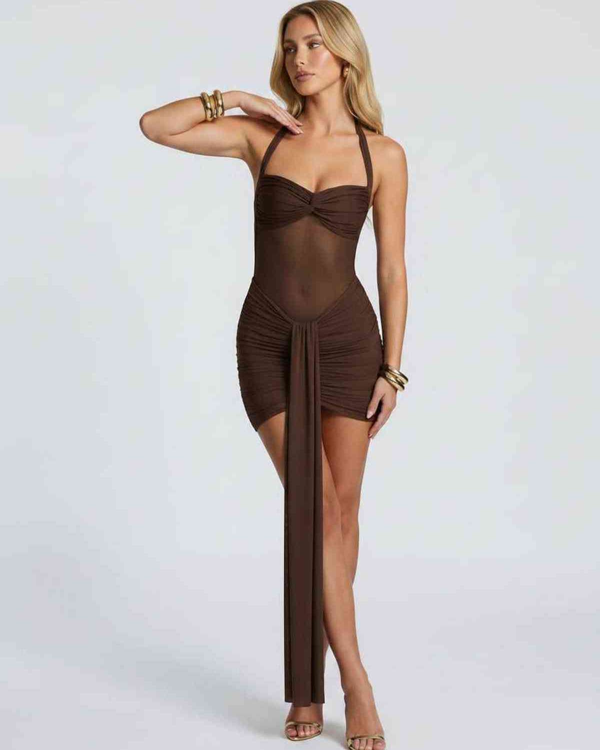 Veloura Mini Dress by Lauven — stretch mesh halter neck ruched bodycon mini dress