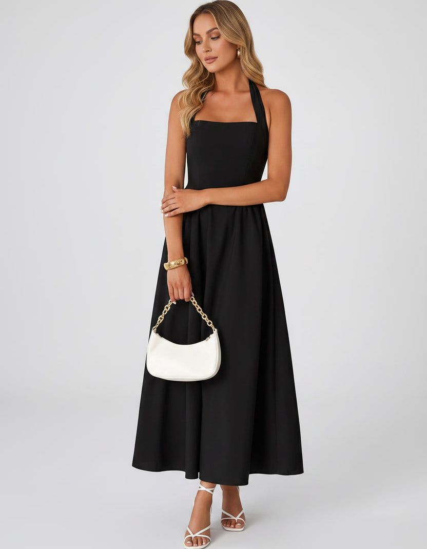 Veloura Midi Dress by Lauven — satin blend sleeveless square neck A-line midi dress