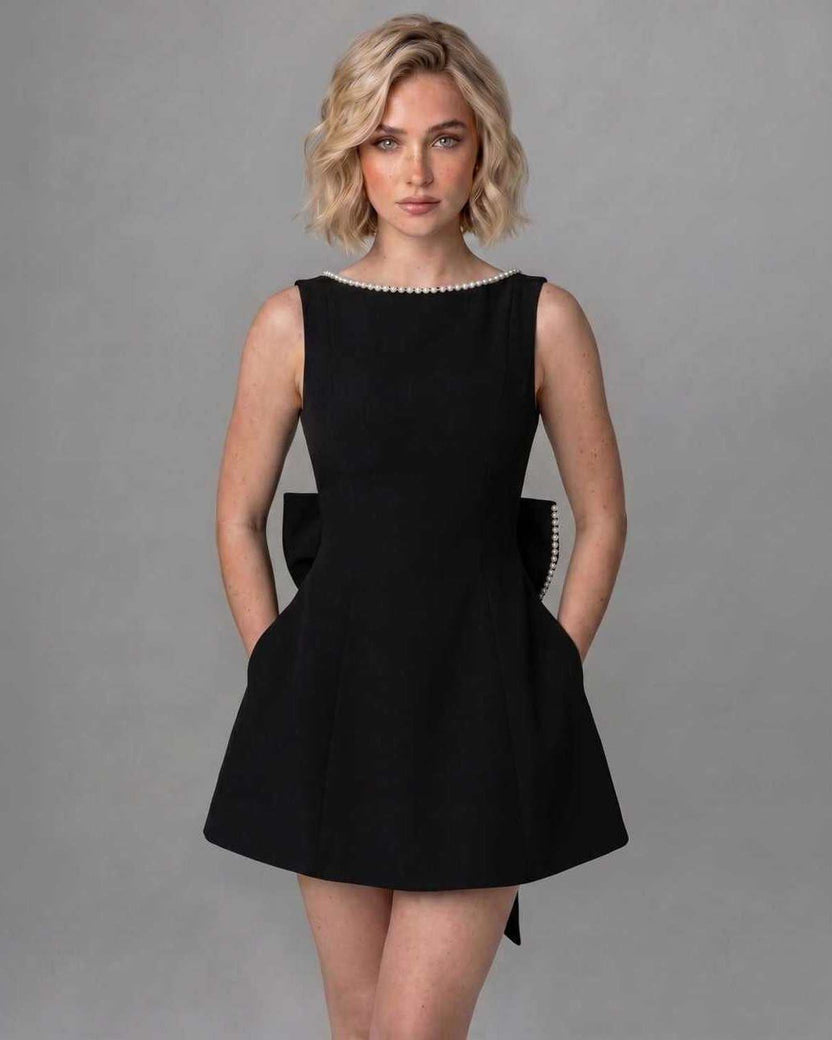 Harmonia Mini Dress by Lauven — black structured sleeveless boat neck A-line mini dress