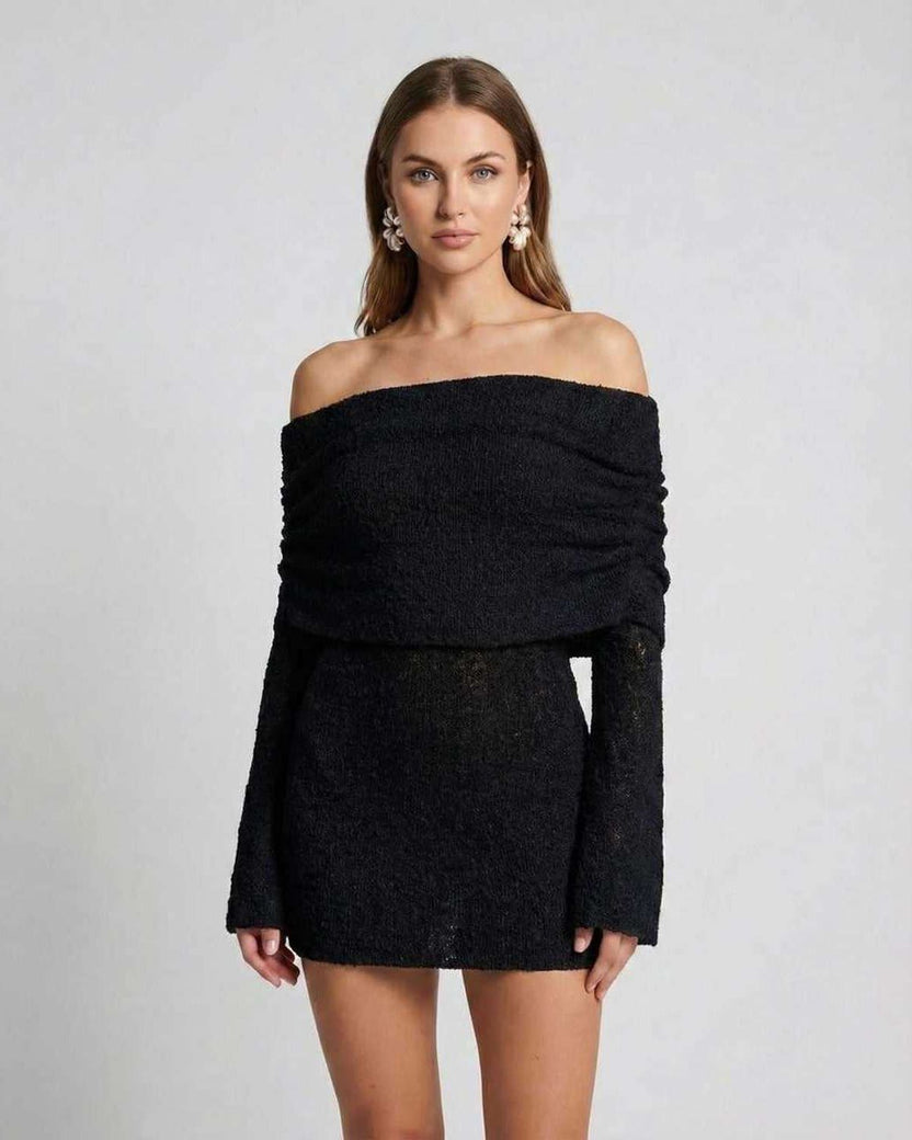 Elara Mini Dress by Lauven — black textured knit long bell sleeve off-shoulder fitted mini dress
